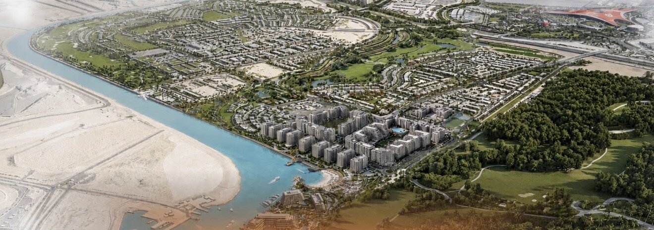 Aerial view of The Canopies at Yas Point community and surrounding Yas Island waterfront