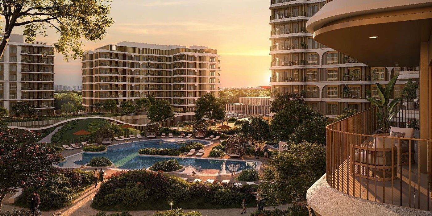Aerial view of the pool courtyard and private balconies at The Canopies at Yas Point at sunset
