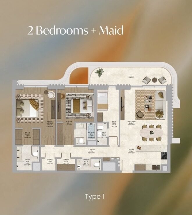 2 Bedroom plus Maid Type 1 floor plan at The Canopies at Yas Point