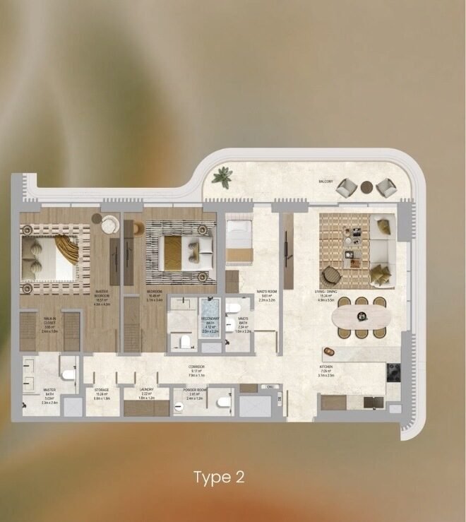 2 Bedroom plus Maid Type 2 floor plan at The Canopies at Yas Point