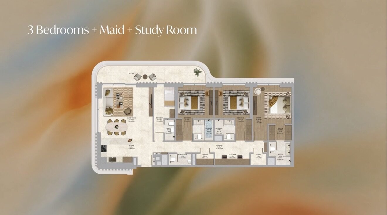 3 Bedroom plus Maid and Study floor plan at The Canopies at Yas Point