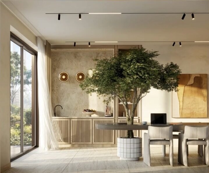 Interior kitchen and dining render at The Canopies at Yas Point showing warm, natural interior finishes