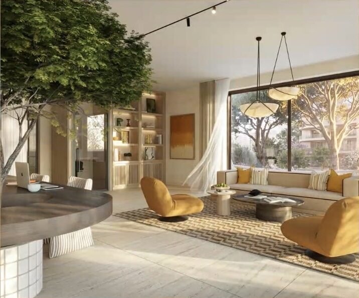 Resident lounge interior render showcasing amenities at The Canopies at Yas Point