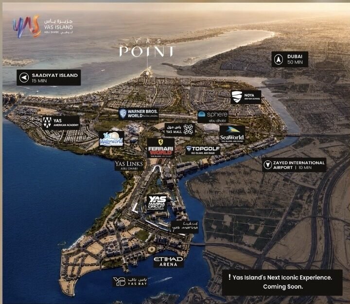 Map showing The Canopies at Yas Point location and nearby Yas Island attractions and travel times