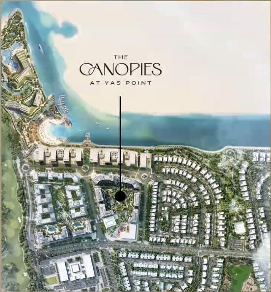 Master plan aerial rendering showing The Canopies at Yas Point positioned along the waterfront